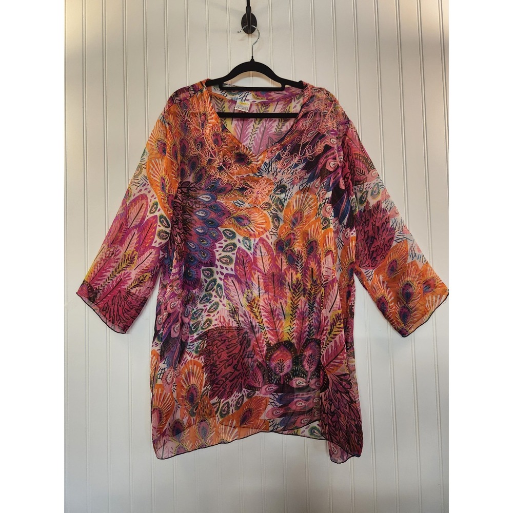 Vintage Rima Women's Multicolor Peacock Print Sheer Chiffon Swim CoverUp Size XL